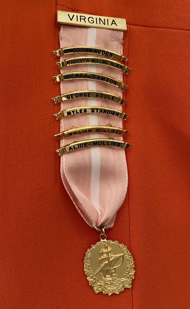 Mayflower Medal with Virginia (state bar). Ribbon color is light pink with small white stripe in center