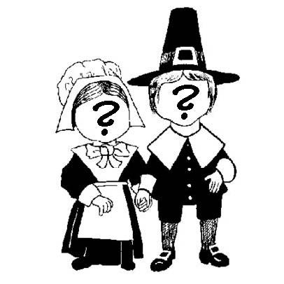 Cartoon figure of female and male Pilgrim with Queston Mark on their blank faces